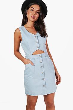 Boohoo Mia Button Cut Out Denim Dress