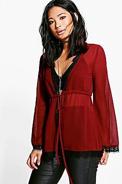 Boohoo Petite Katey Tie Waist Lace Trim Blouse