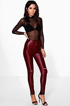 Boohoo Carine Coated Super Skinny Stretch Split Knee Trousers