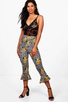Boohoo Cassie Gingham Floral Ruffle Hem Trousers Black