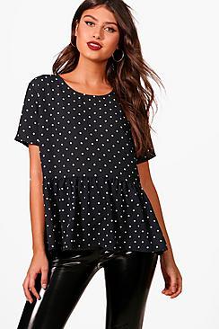 Boohoo Naomi Polka Dot Frill Hem Blouse
