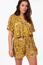 Boohoo Plus Cassie Flippy Floral Print Playsuit Mustard