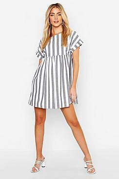 Boohoo Linen Look Stripe Smock Dress