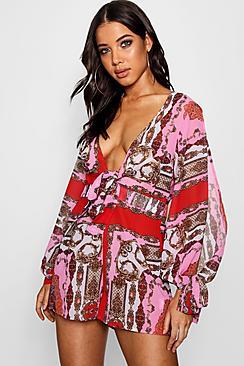 Boohoo Eliza Scarf Print Knotted Beach Playsuit