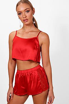 Boohoo Mollie Satin & Lace Insert Cami & Short Set