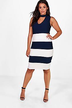 Boohoo Plus Katie Striped Choker Ribbed Midi Dress
