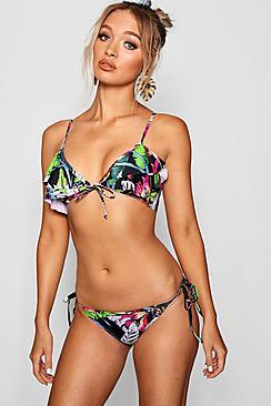 Boohoo Portugal Dark Floral Frill Triangle Bikini