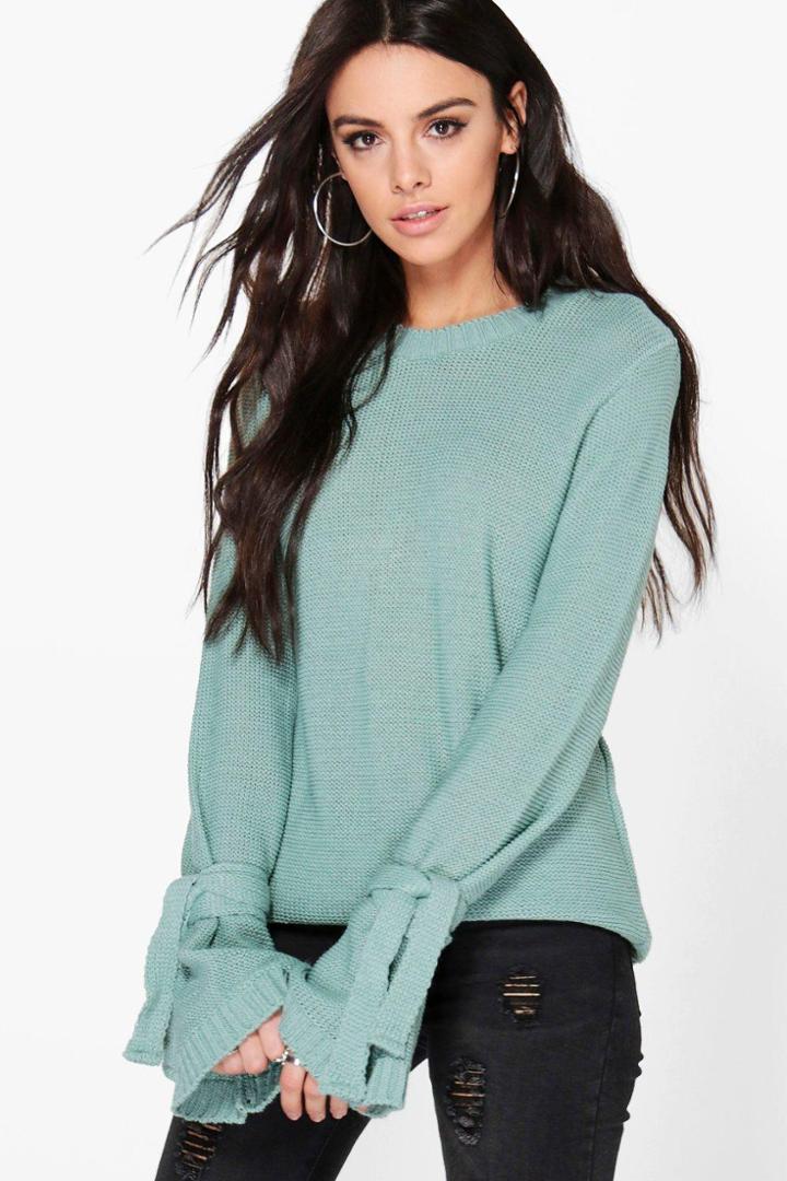 Boohoo Alisha Tie Cuff Detail Jumper Sage