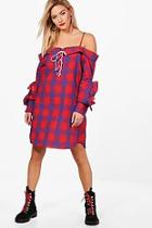 Boohoo Lucie Check Lace Up Ruffle Shirt Dress