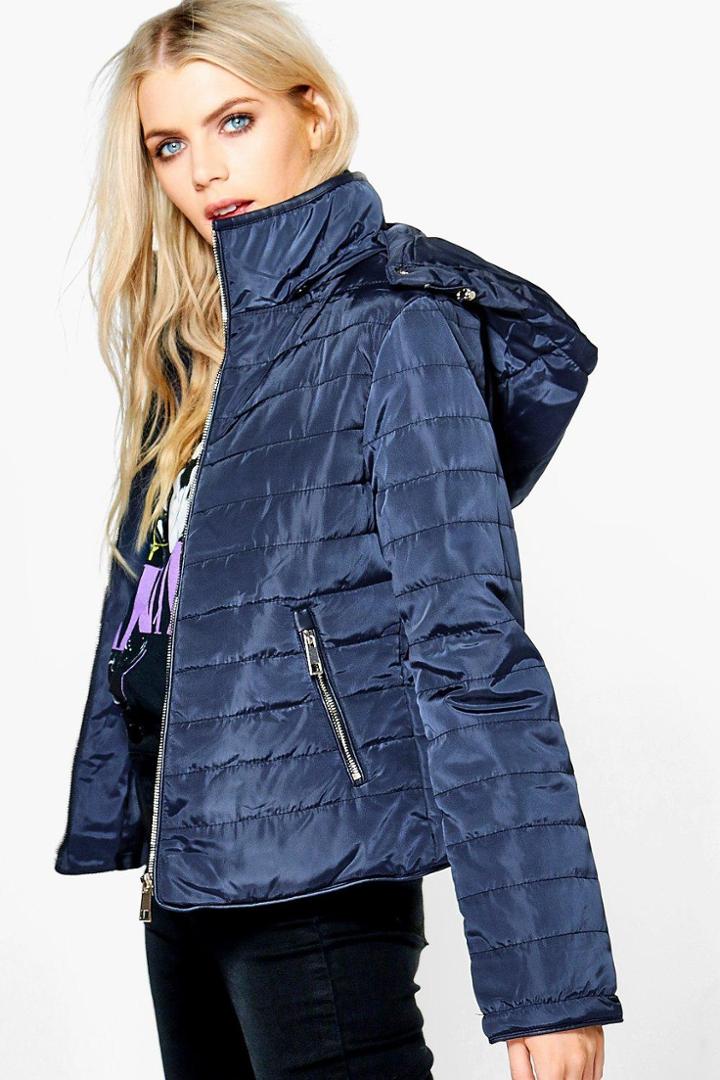 Boohoo Katie Crop Hooded Bubble Coat Navy