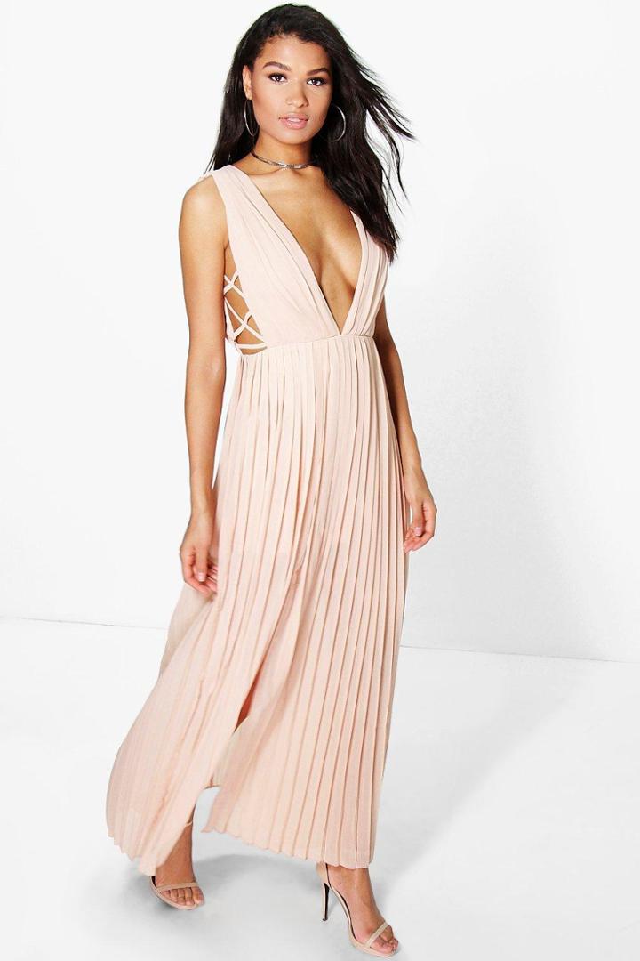 Boohoo Boutique Tama Pleated Strappy Side Maxi Dress Stone