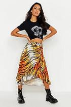 Boohoo Tiger Wrap & Ruffle Midi Skirt
