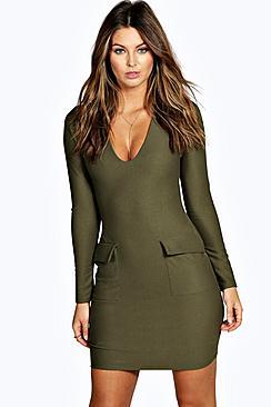 Boohoo Callie Plunge Neck Pocket Detail Bodycon Dress
