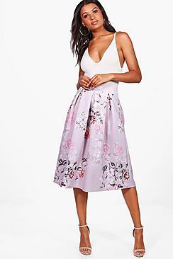 Boohoo Avah Pastel Floral Box Pleat Midi Skirt