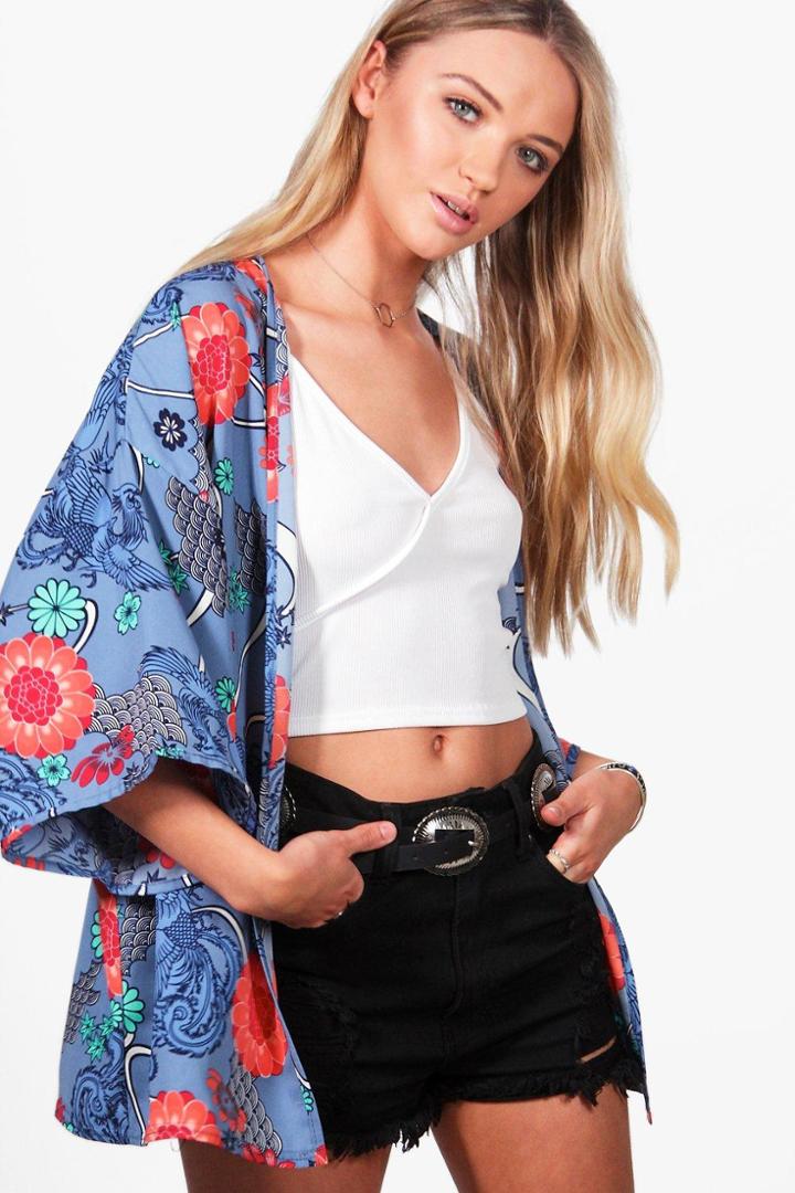 Boohoo Jasmine Oriental Print Oversized Kimono Blue