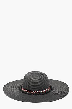 Boohoo Jessica Aztec Pom Pom Straw Floppy Hat