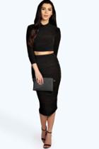 Boohoo Suvi Rouched Sleeve Midi Skirt Co-ord Set Black