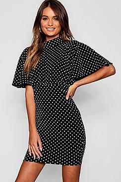 Boohoo High Neck Angel Sleeve Polka Dot Mini Dress