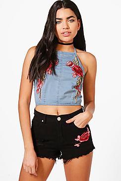 Boohoo Diana Embroidery Denim Crop Top