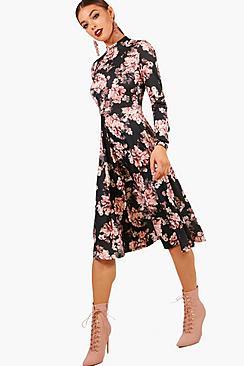 Boohoo Marlene High Neck Long Sleeve Midi Skater Dress