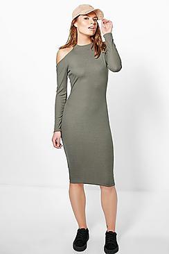 Boohoo Phillippa Ribbed Cold Shoulder Midi Dress