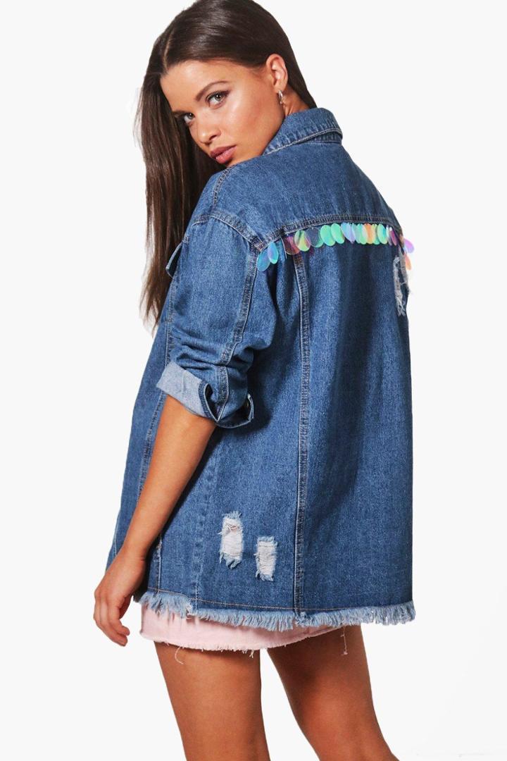 Boohoo Emma Mermaid Sequin Oversize Jean Jacket Blue