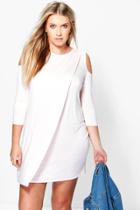 Boohoo Plus Laurie 3/4 Sleeve Cold Shoulder Wrap Dress Nude