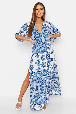 Boohoo Petite Plunge Kimono Sleeve Printed Maxi Dress