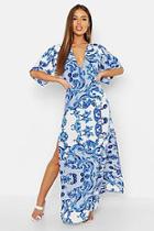 Boohoo Petite Plunge Kimono Sleeve Printed Maxi Dress