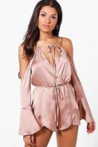Boohoo Zena Wrap Front Fluted Sleeve Playsuit