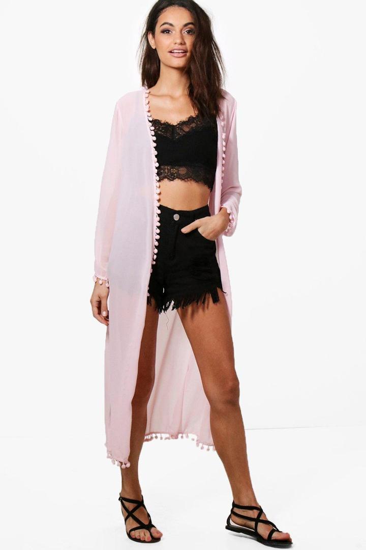 Boohoo Rebecca Pom Pom Kimono Blush