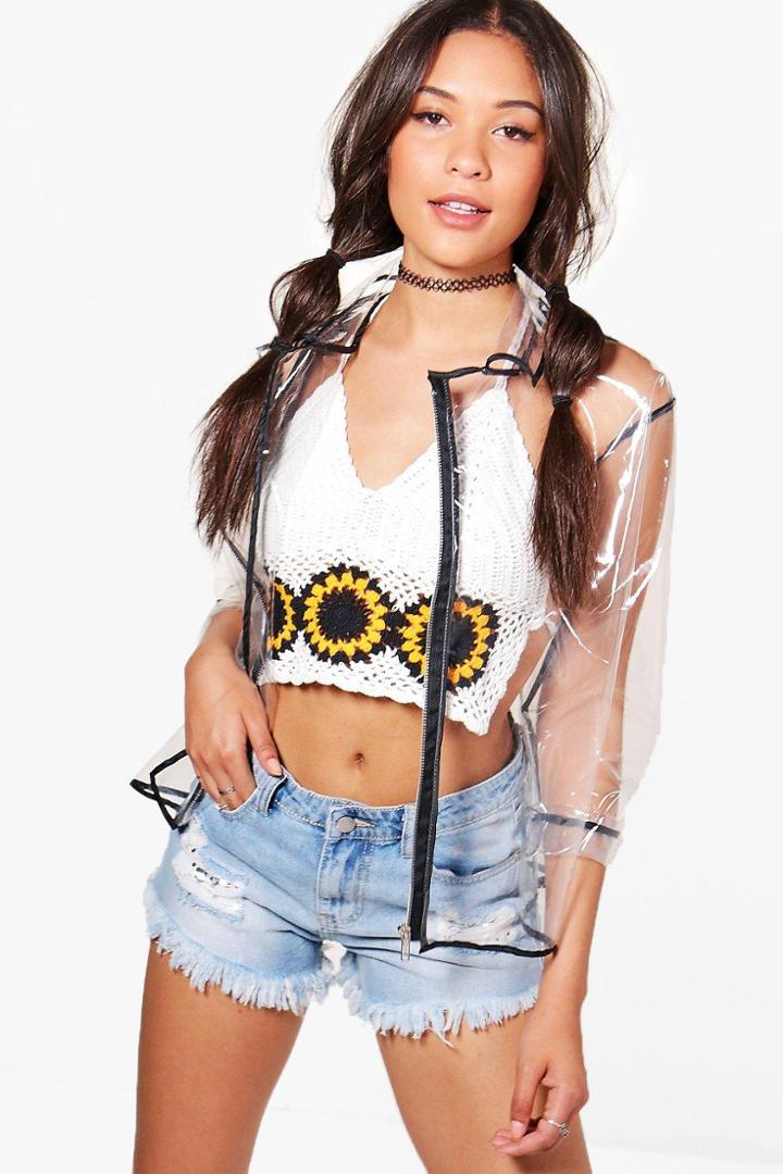 Boohoo Brooke Clear Rain Mac Biker Jacket Black