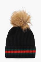 Boohoo Erin Sport Stripe Ribbed Faux Fur Pom Beanie Hat
