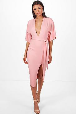 Boohoo Lauren Kimono Sleeve Belted Midi Dress