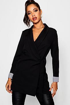 Boohoo Stripe Cuff Longline Wrap Blazer