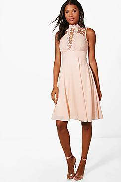 Boohoo Lace Scallop Top Midi Skater Dress