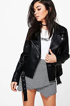 Boohoo Mia Plait Detail Faux Leather Belted Biker Jacket
