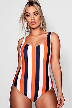 Boohoo Plus Nadia Square Neck Scoop Back Stripe Swimsuit