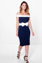 Boohoo Pia Contrast Off The Shoulder Bow Waist Midi Dress Navy