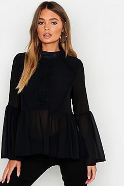 Boohoo Woven Crochet Detail Pep Hem Blouse