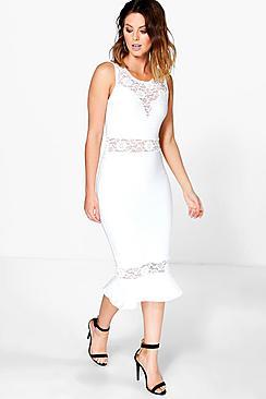 Boohoo Leah Bandage Lace Insert Frill Hem Midi Dress