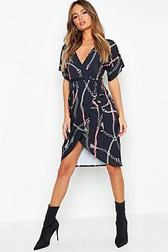 Boohoo Chain Print Wrap Midi Dress