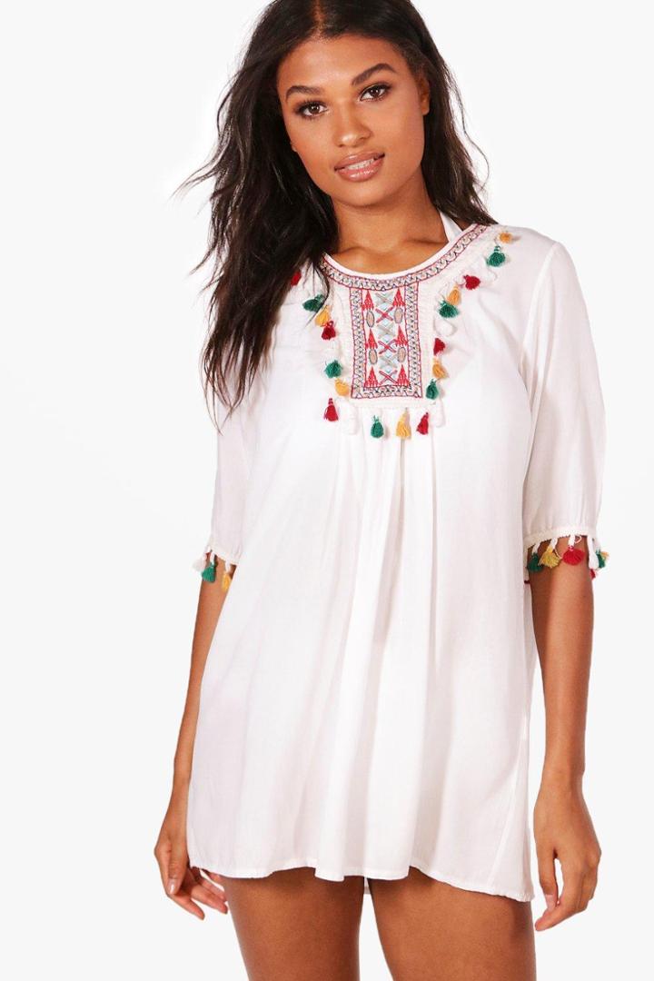 Boohoo Macey Pom Pom Trim Beach Cover Up Dress White