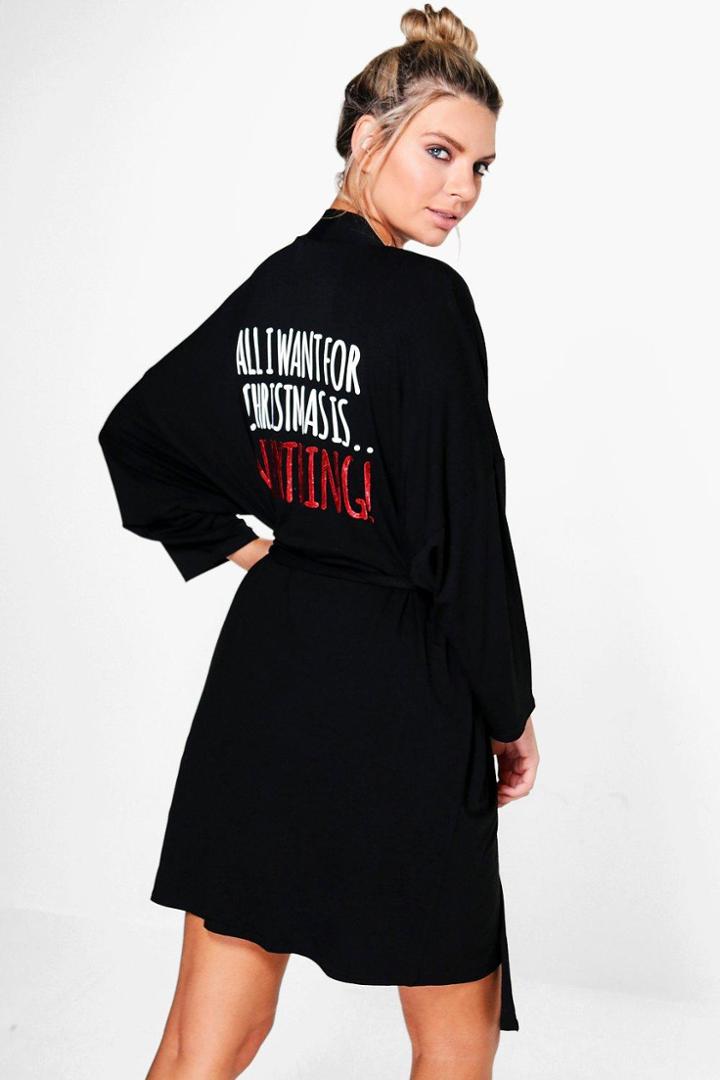 Boohoo Annie Christmas All I Want Slogan Tie Waist Robe Black