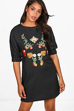 Boohoo Esther Embroidered Puff Sleeve Shift Dress