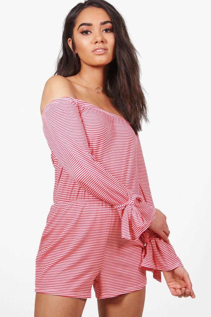Boohoo Petite Emma Off The Shoulder Tie Sleeve Playsuit Multi