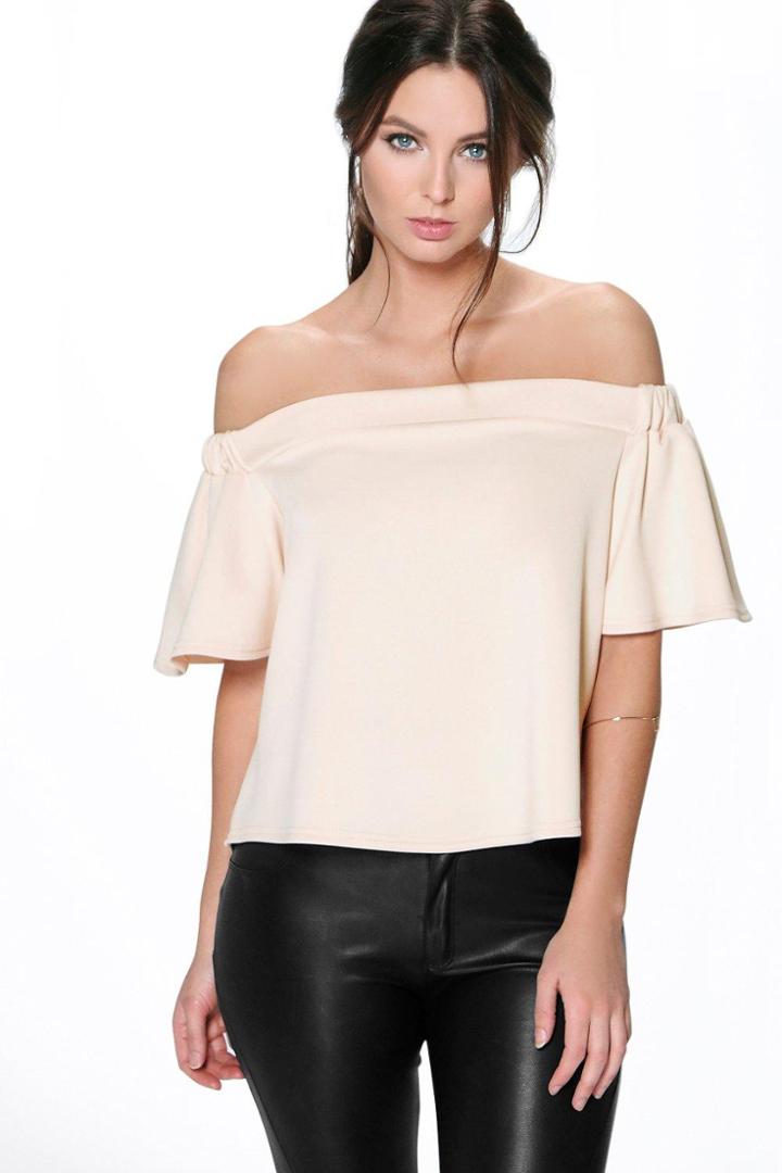 Boohoo Petite Julia Off The Shoulder Scuba Frill Top Blush