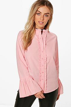 Boohoo Zoe Fluted Sleeve Ruffle Collar Shirt