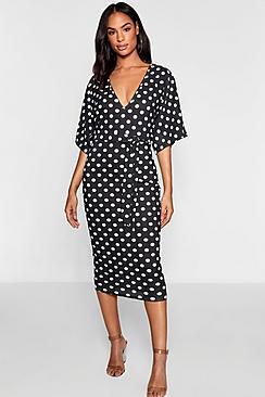 Boohoo Tall Polka Dot Tie Waist Wing Sleeve Dress