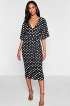 Boohoo Tall Polka Dot Tie Waist Wing Sleeve Dress